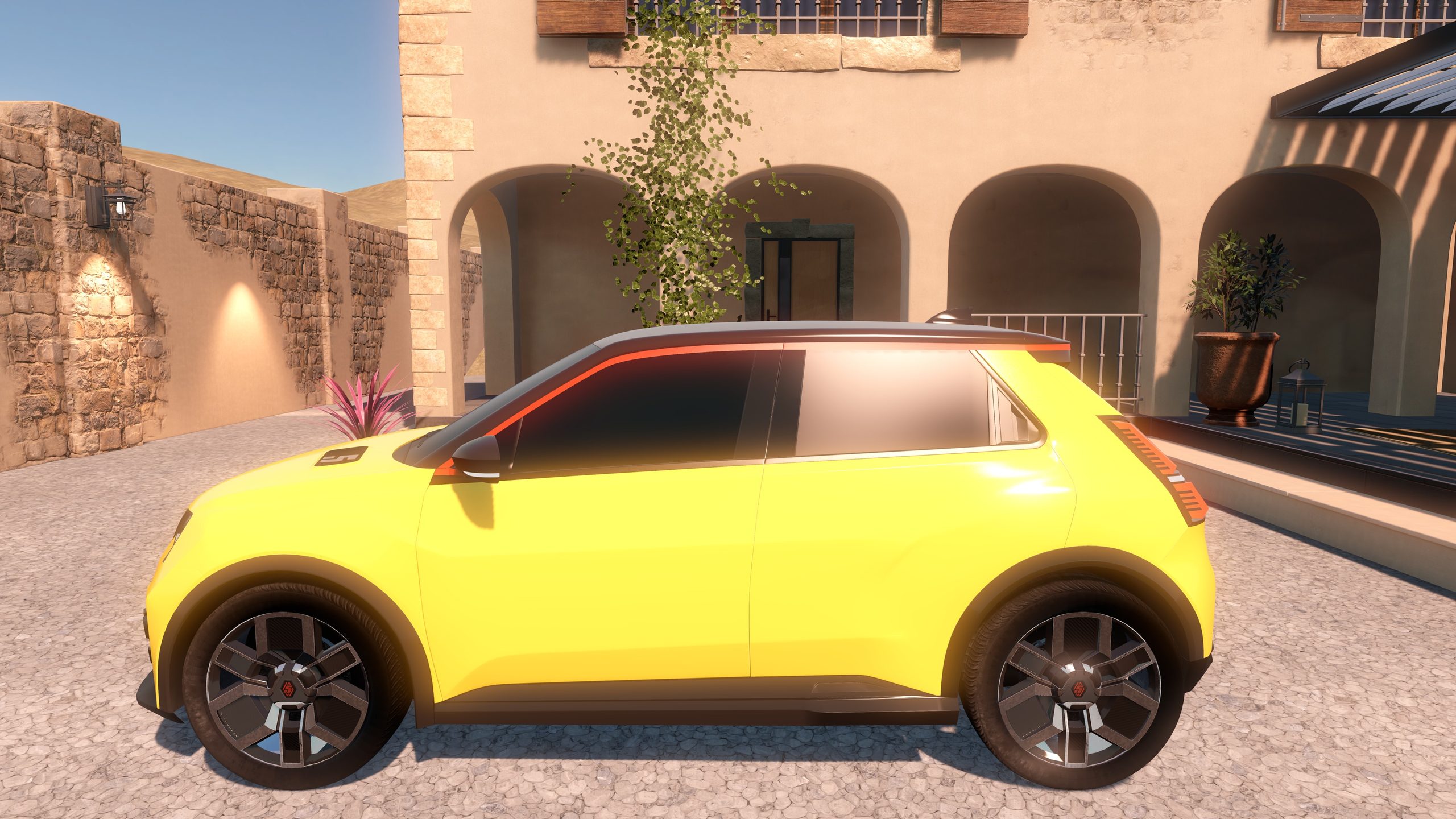 The car in yellow paint in front of the house arcade