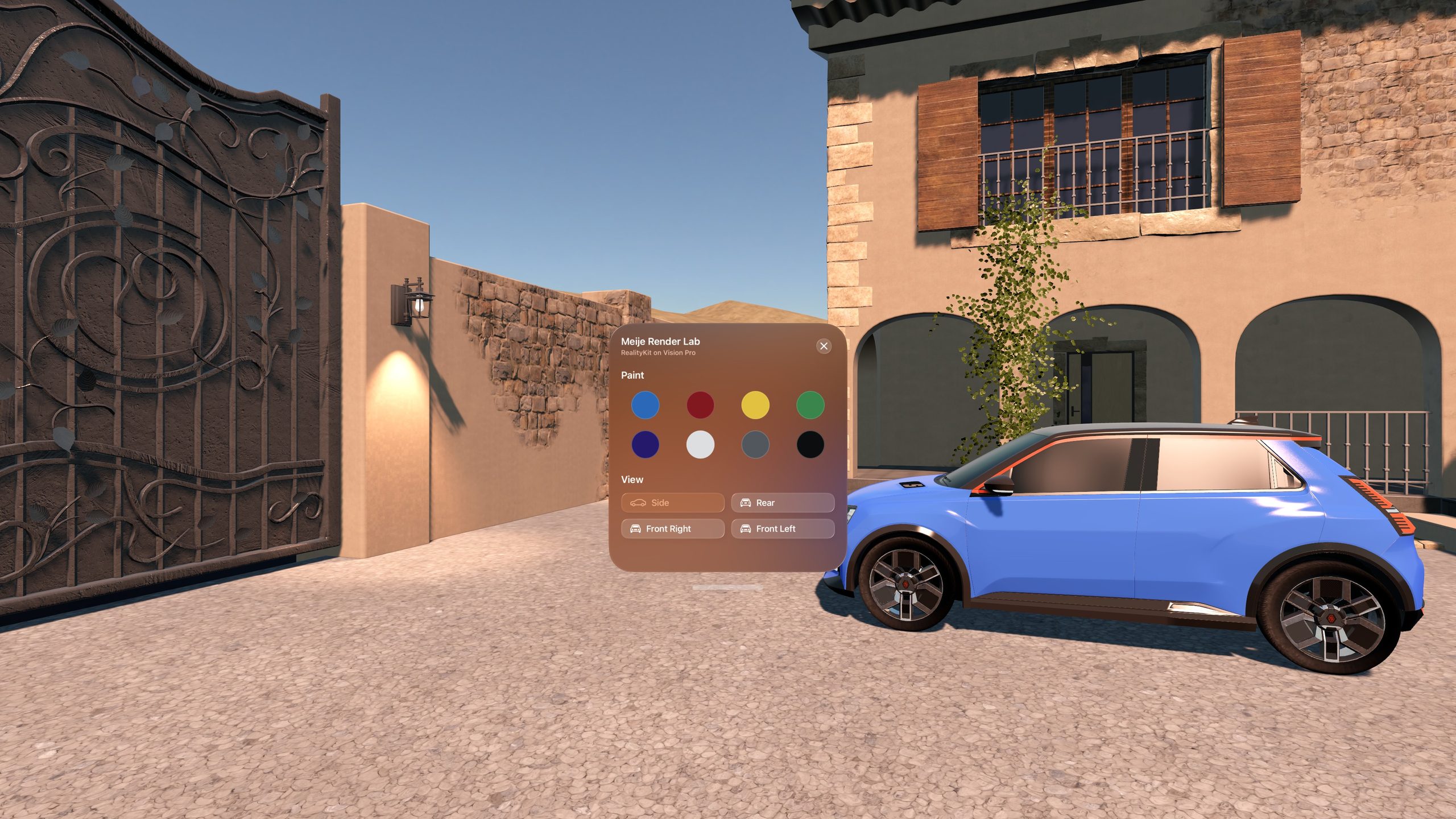 The Meije Render Lab controls with paints and viewpoints next to the car