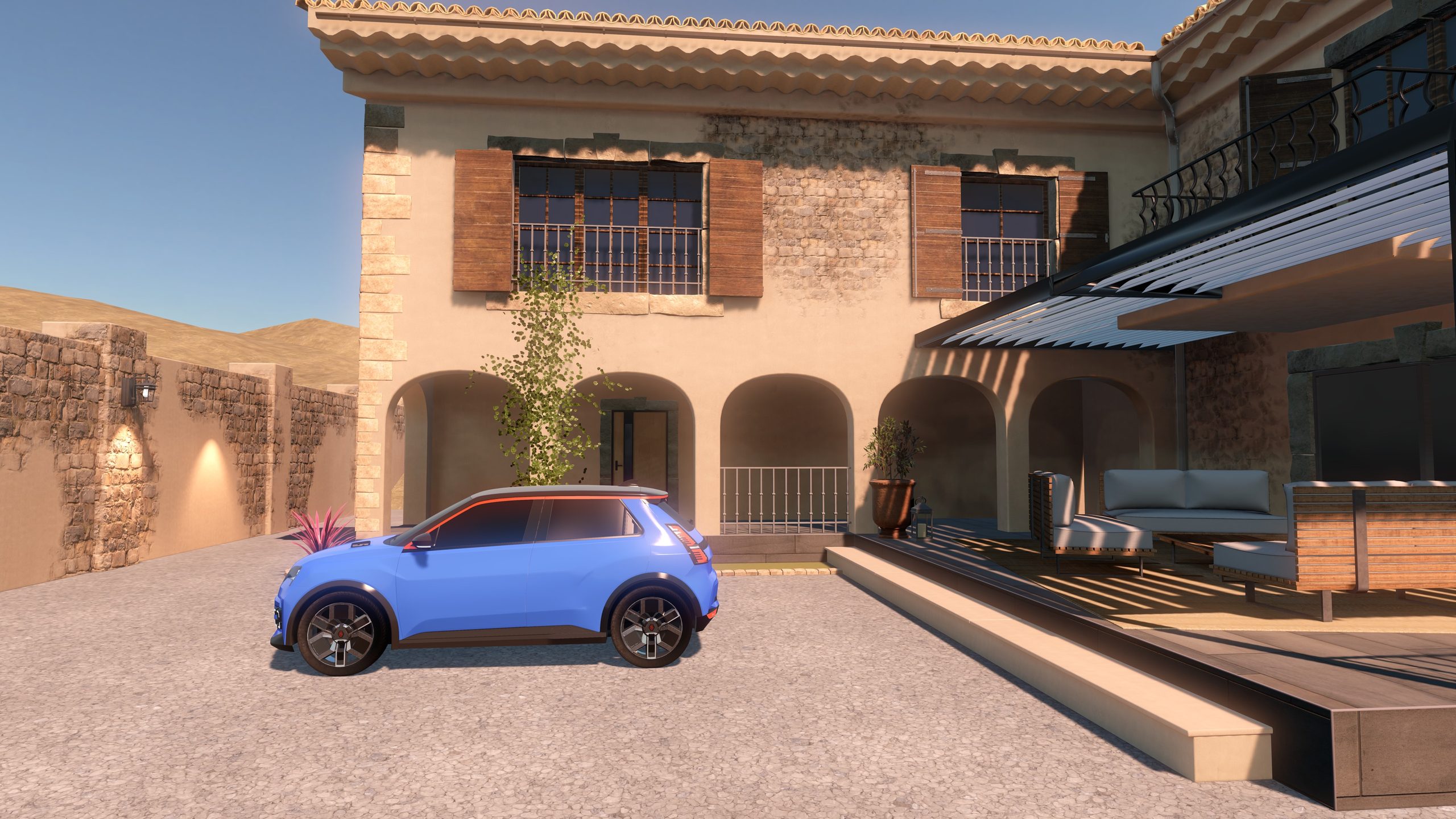 The courtyard, the house and the car rendered by RealityKit on Apple Vision Pro