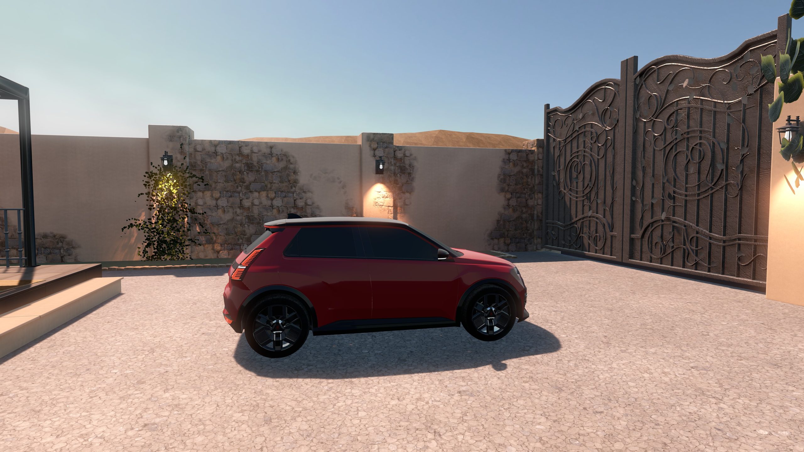 The car by the courtyard gate, rendered by RealityKit on Apple Vision Pro