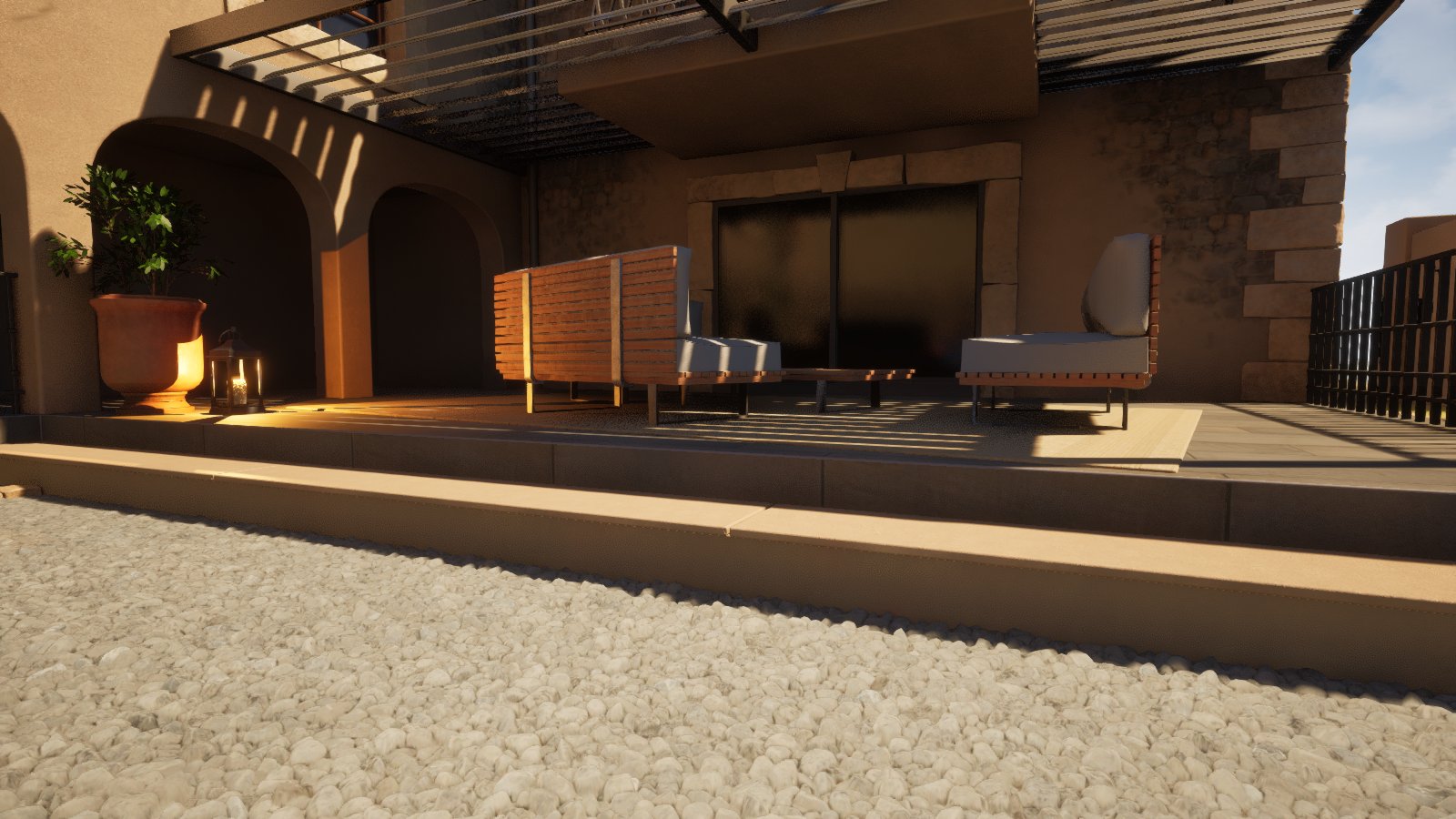 The courtyard terrace rendered by Unreal Engine on a PC