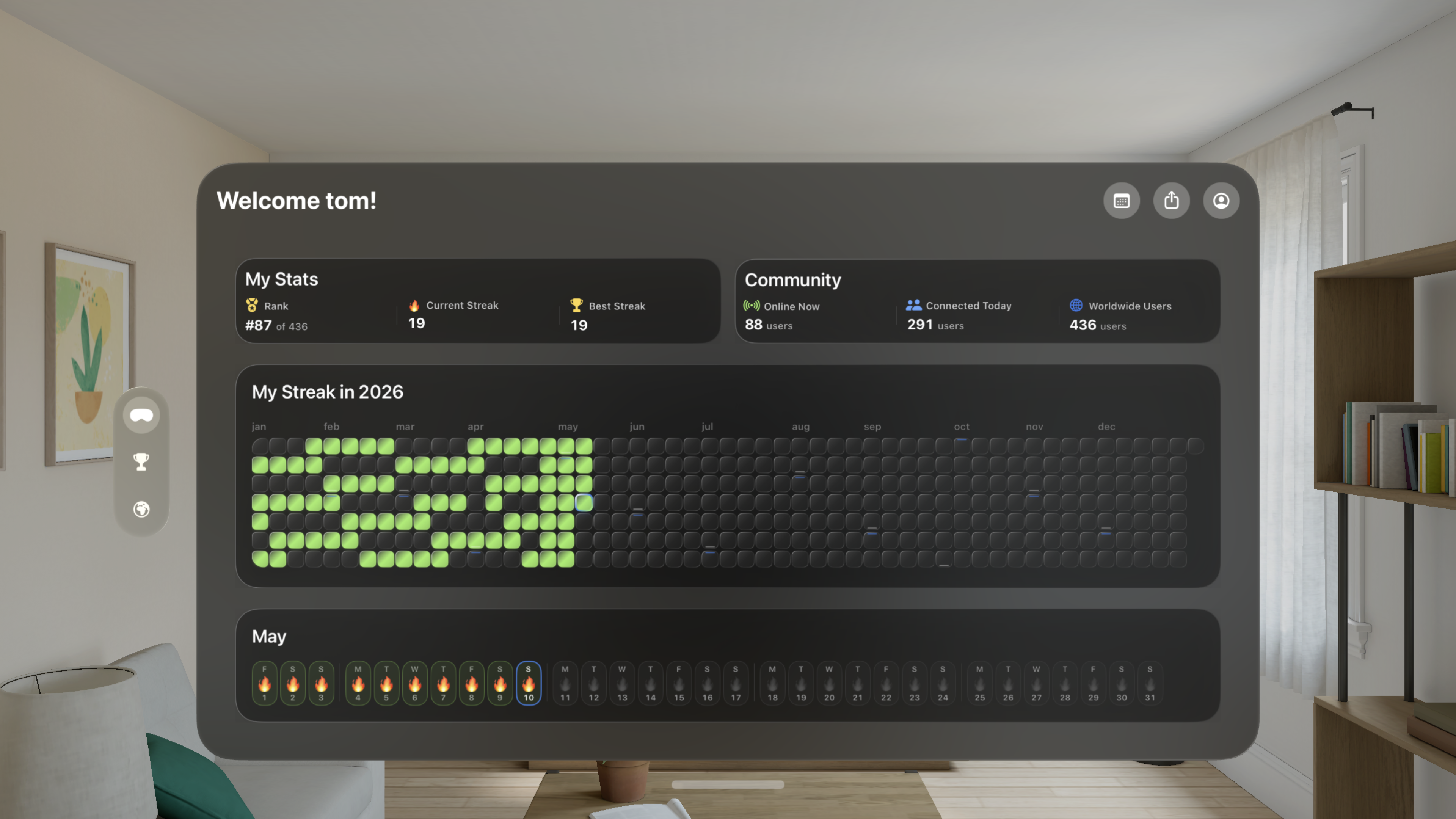 Now On Vision score tab with current streak, rank, best streak, year graph, and monthly flame view