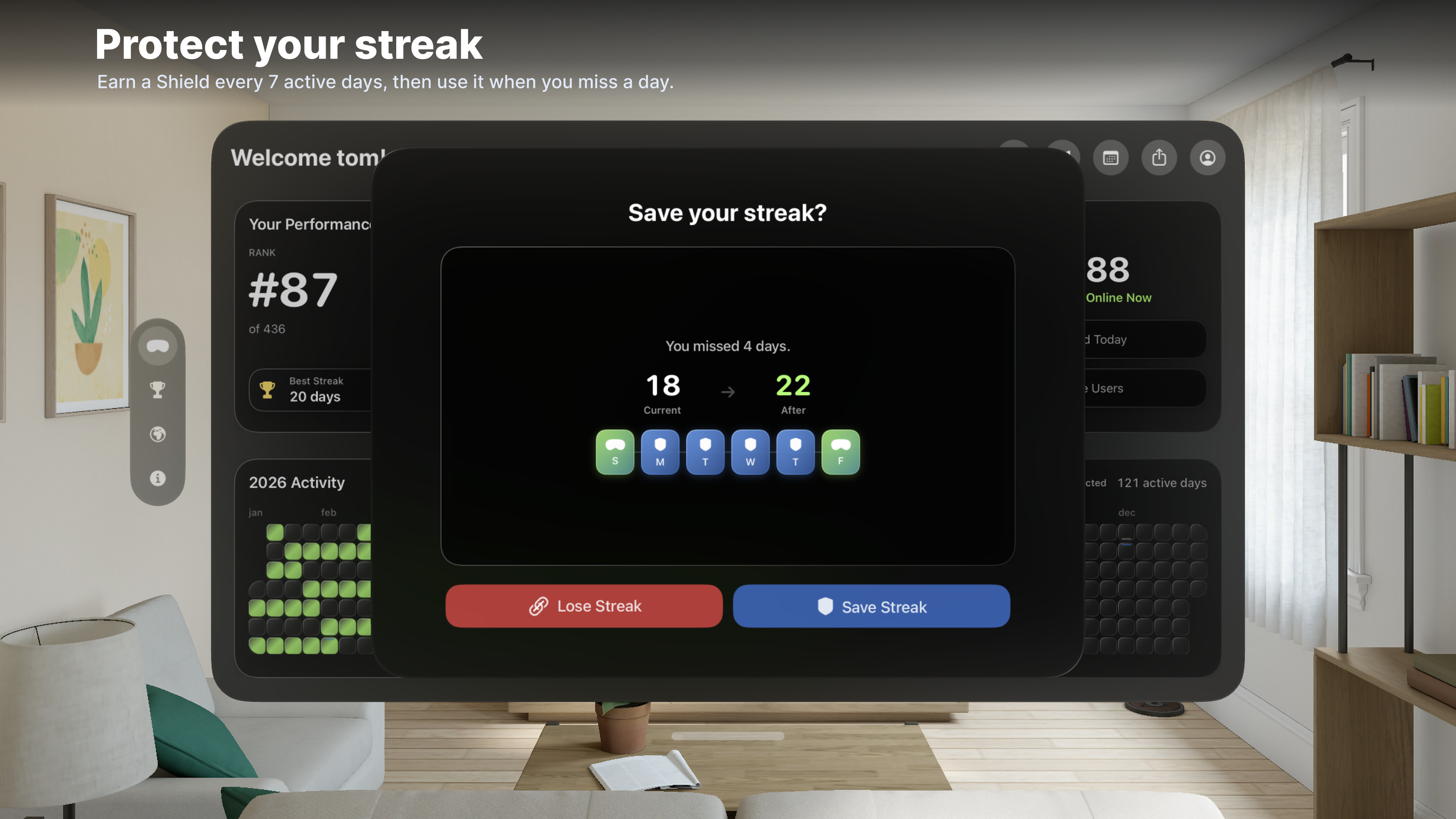 Now On Vision streak recovery panel offering to protect missed days with Shields