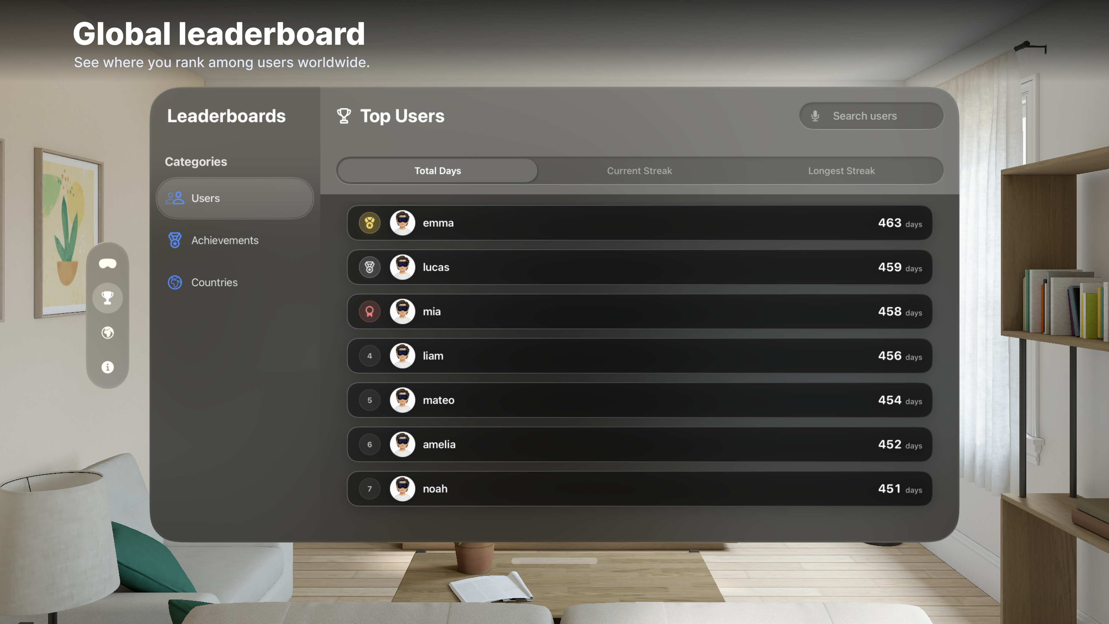 Now On Vision user leaderboard ranked by Vision Pro activity