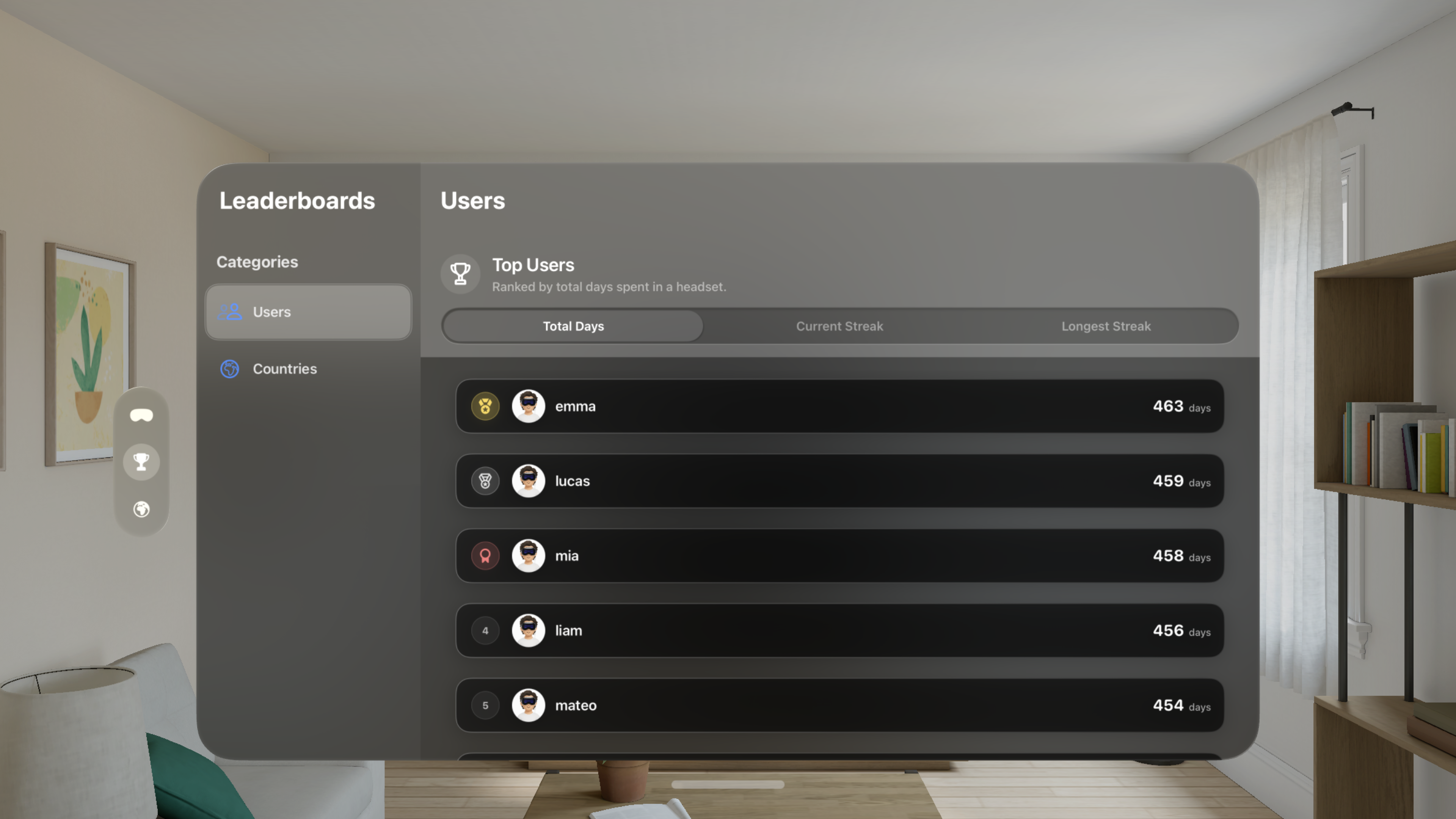 Now On Vision user leaderboard ranked by Vision Pro activity