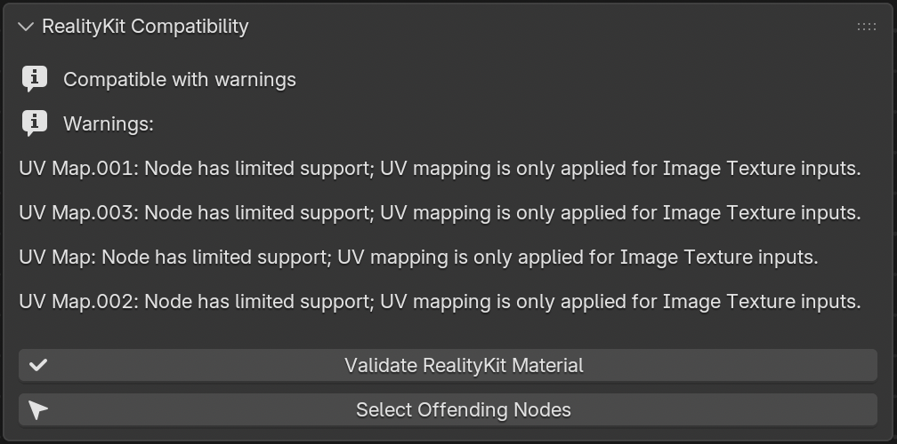 BlenderToRCP material validation panel highlighting unsupported nodes