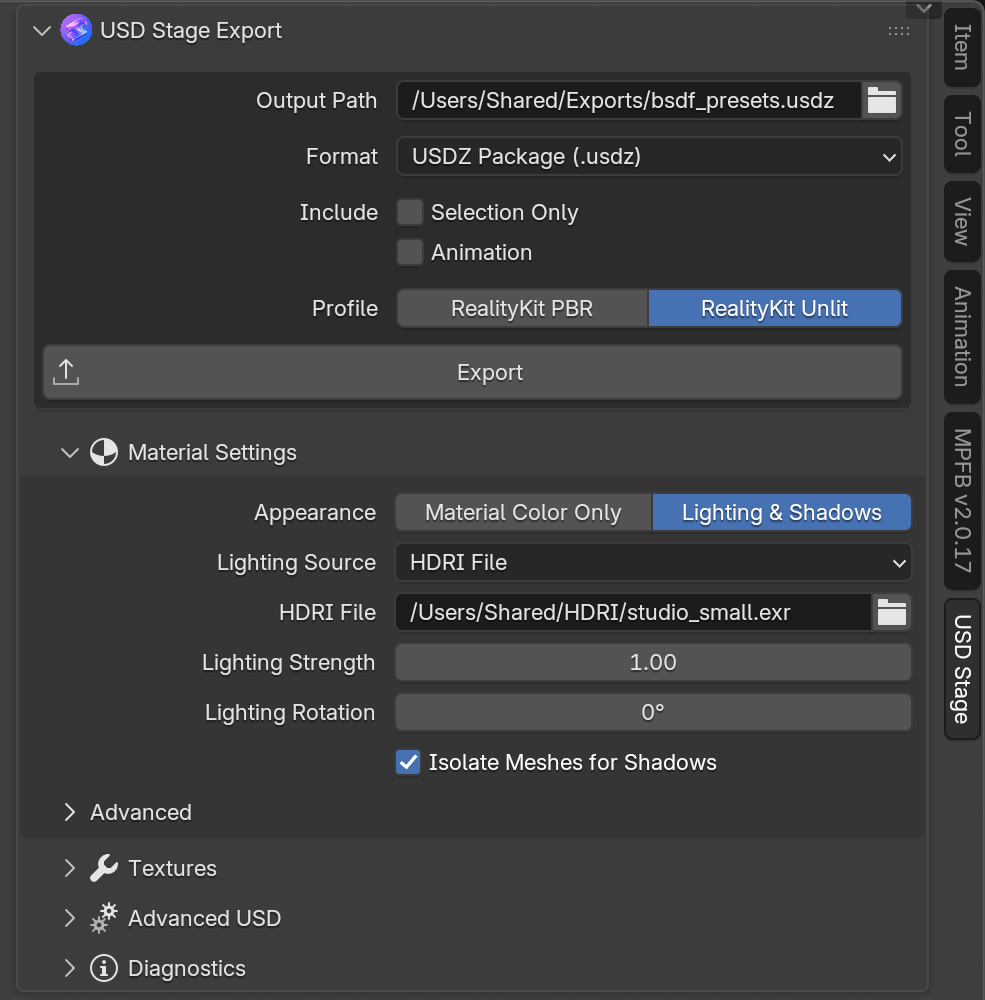 USD Stage for Blender profile settings in the Blender sidebar