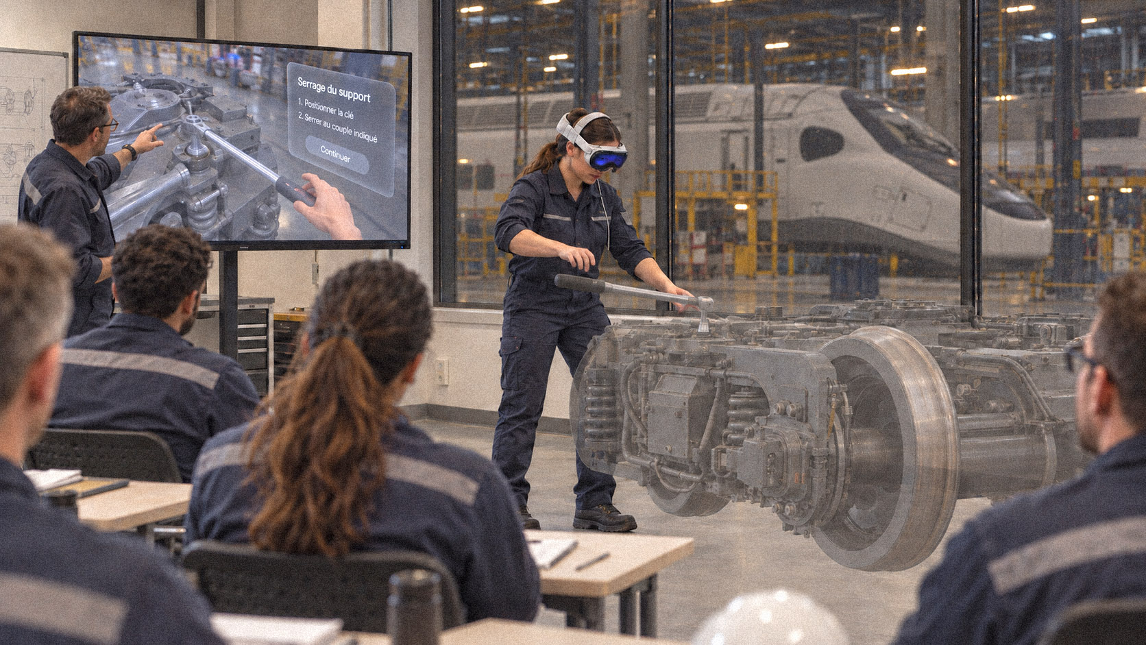 A team rehearsing train maintenance with Apple Vision Pro.