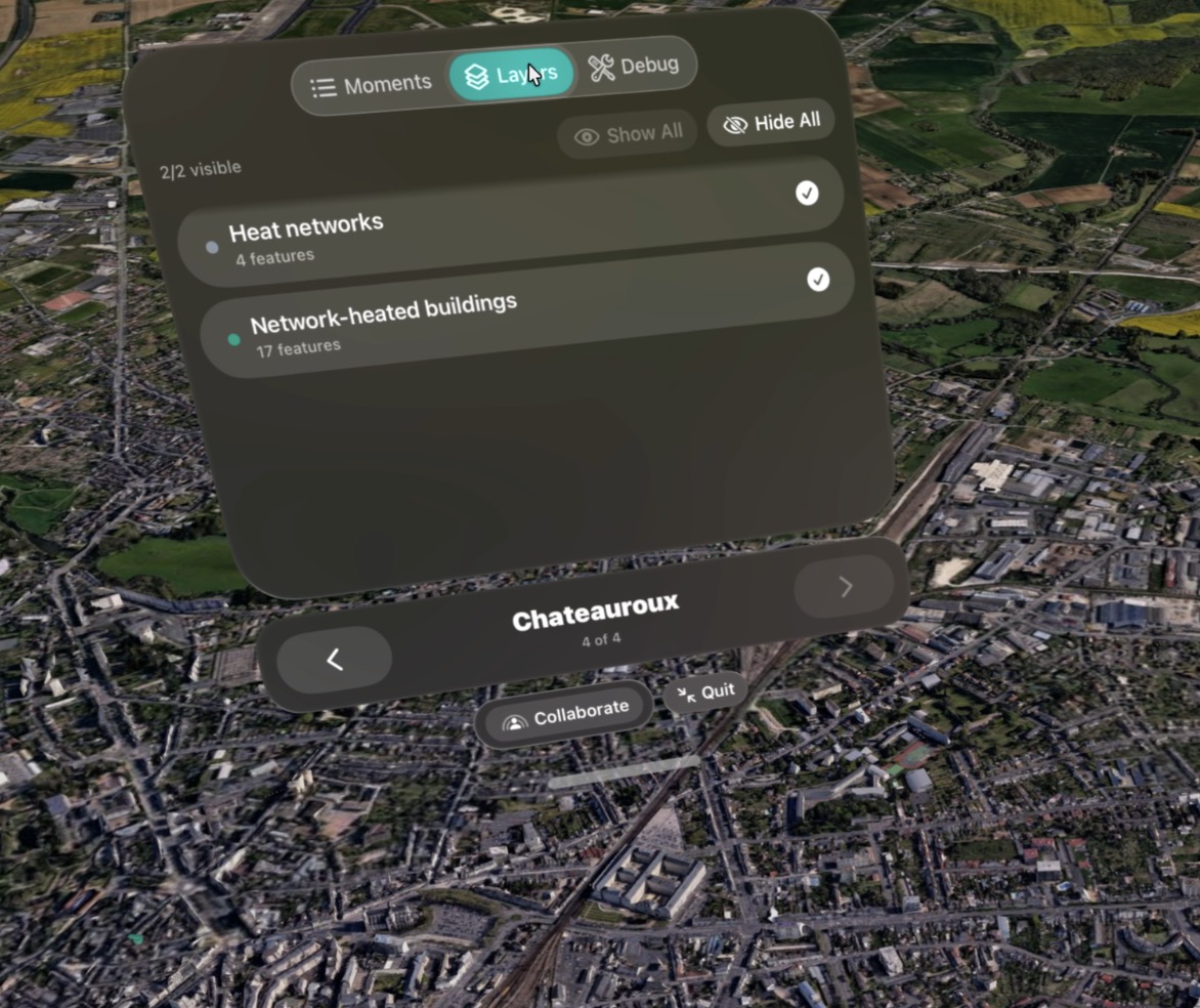 Map Composer Vision Pro briefing controls showing layers over Chateauroux for an audience-specific story
