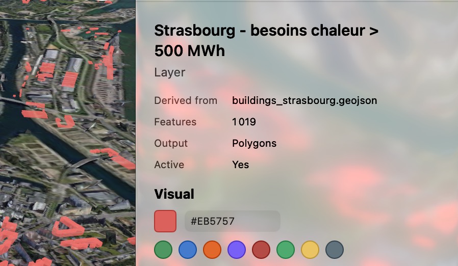 Map Composer layer review showing Strasbourg heat-demand buildings and generated package details