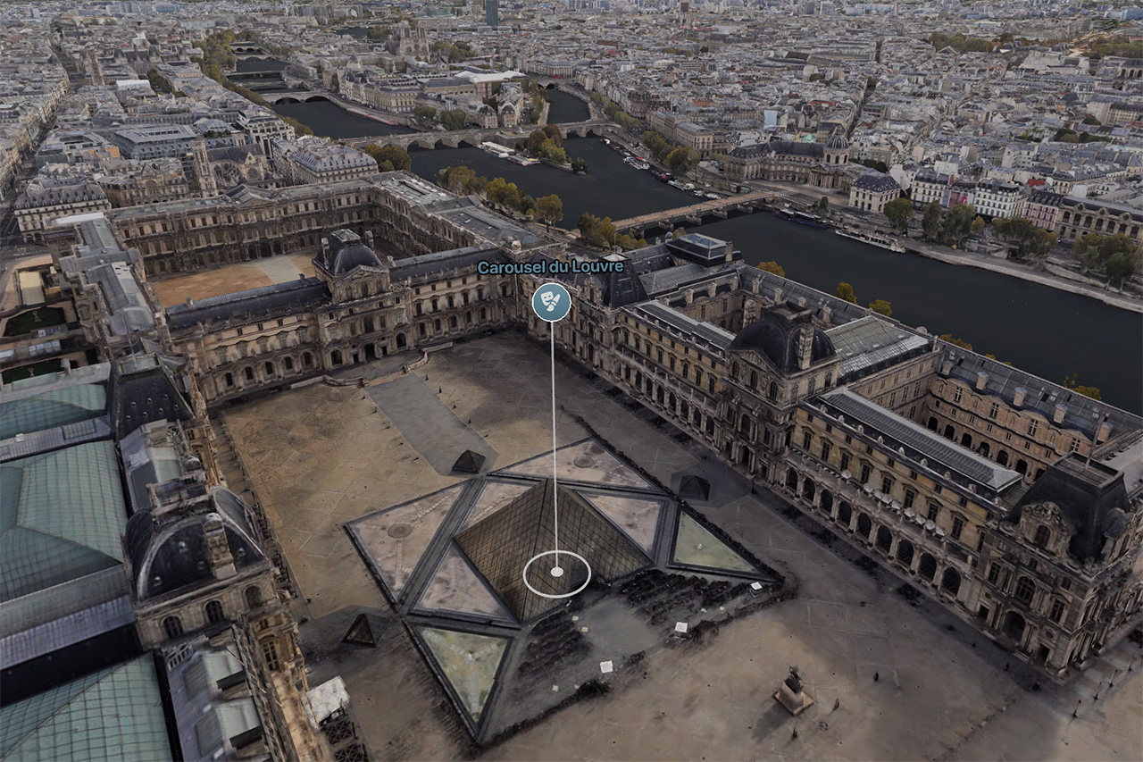 Map Composer 3D view of the Louvre with a Carrousel du Louvre annotation