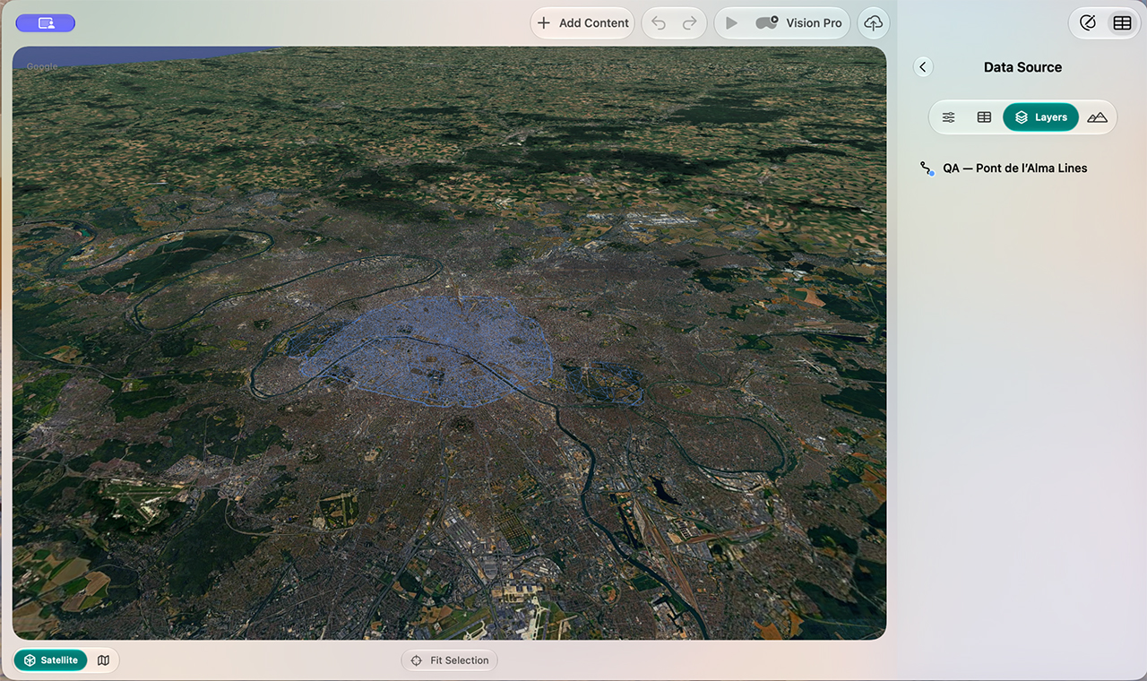 Map Composer Mac workspace showing Paris satellite imagery and map layers