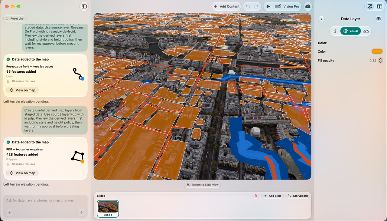 Map Composer Mac workspace showing Paris data overlays, AI chat, and layer styling