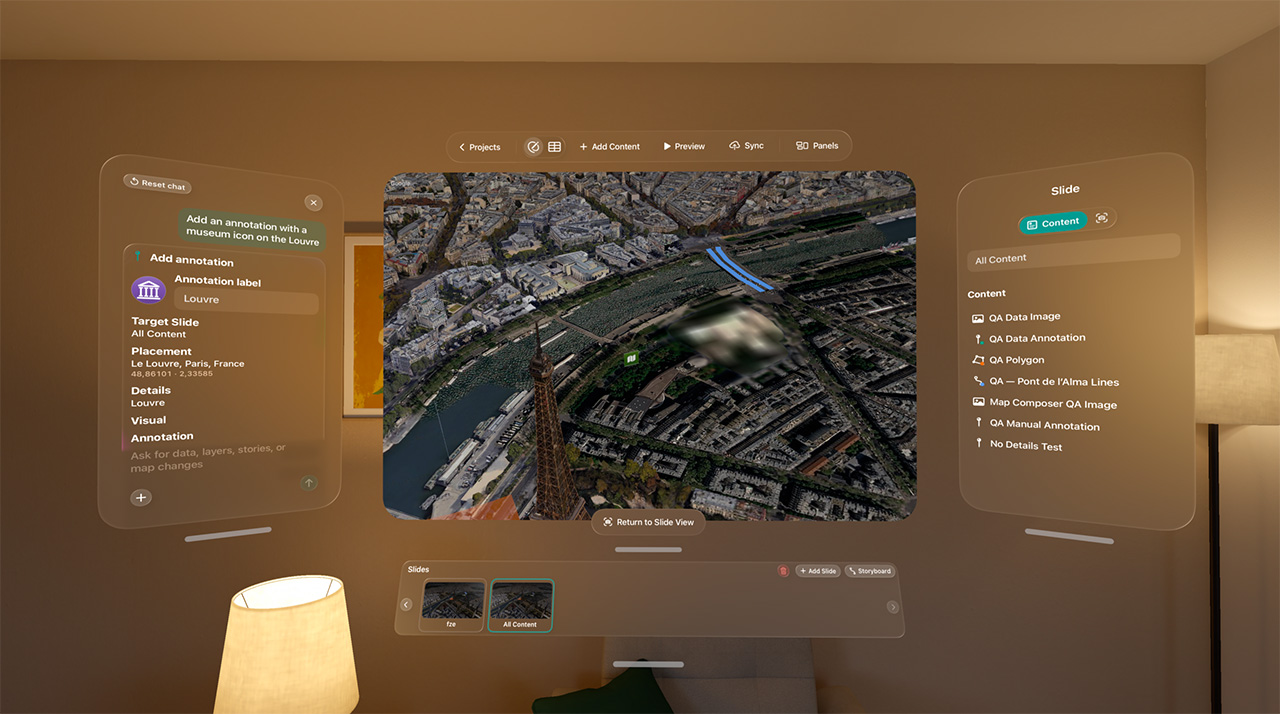 Map Composer on Apple Vision Pro showing a Paris map with annotation and slide content panels