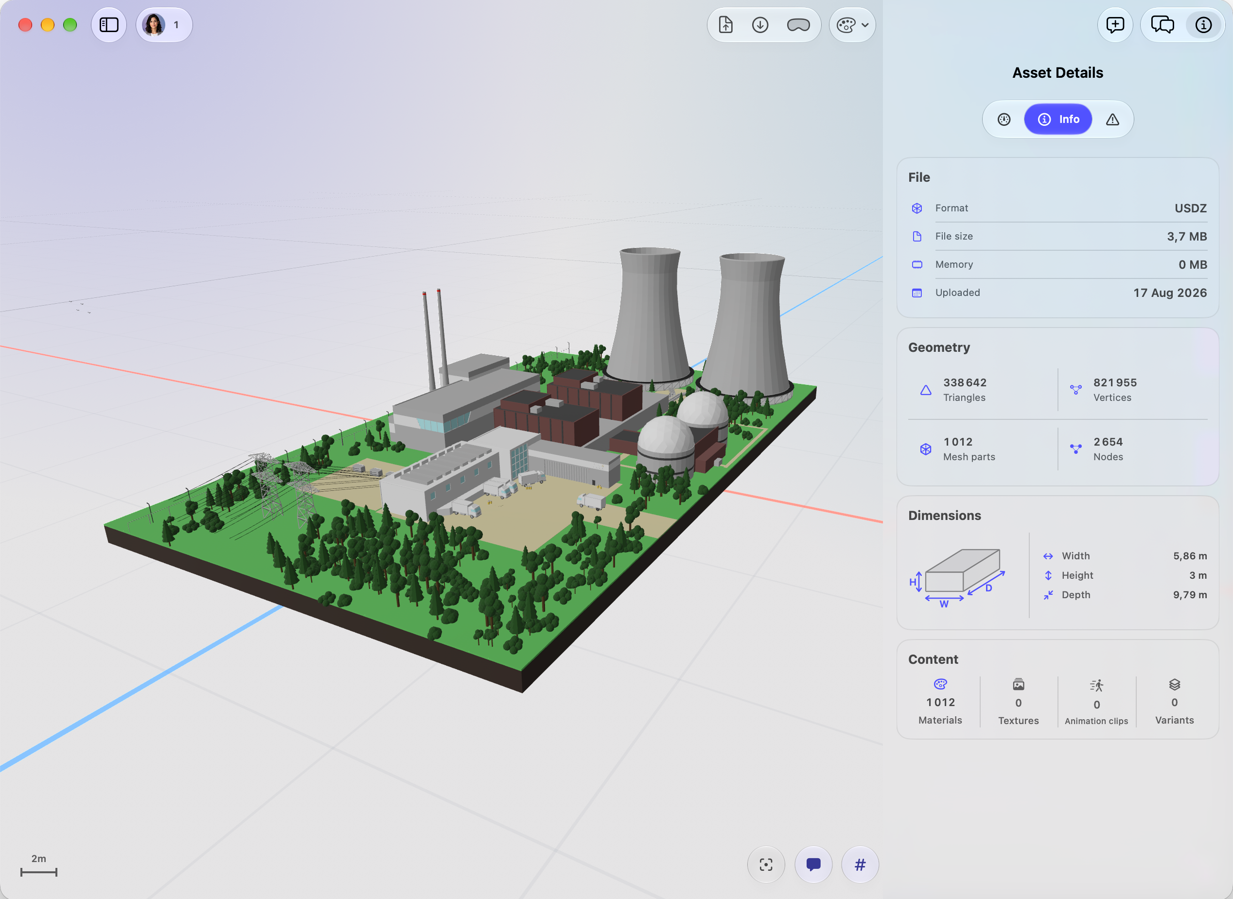 USD Stage showing an industrial 3D model alongside file, geometry, dimensions, and content details