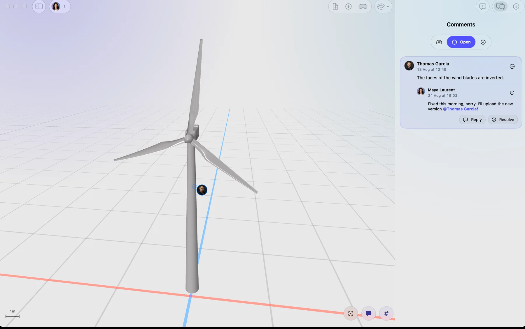 A wind turbine asset and review comments shown in USD Stage with RealityKit
