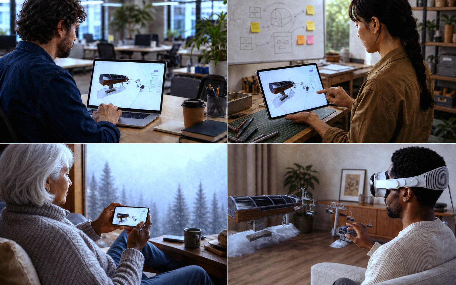 Four people, including a white-haired woman in a snowy lodge, reviewing the same ski-lift asset on Mac, iPad, iPhone, and in augmented reality on Apple Vision Pro
