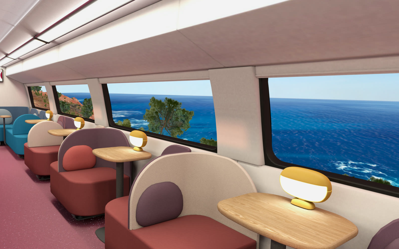TGV spatial app visual rendered inside a train lounge with coastal scenery